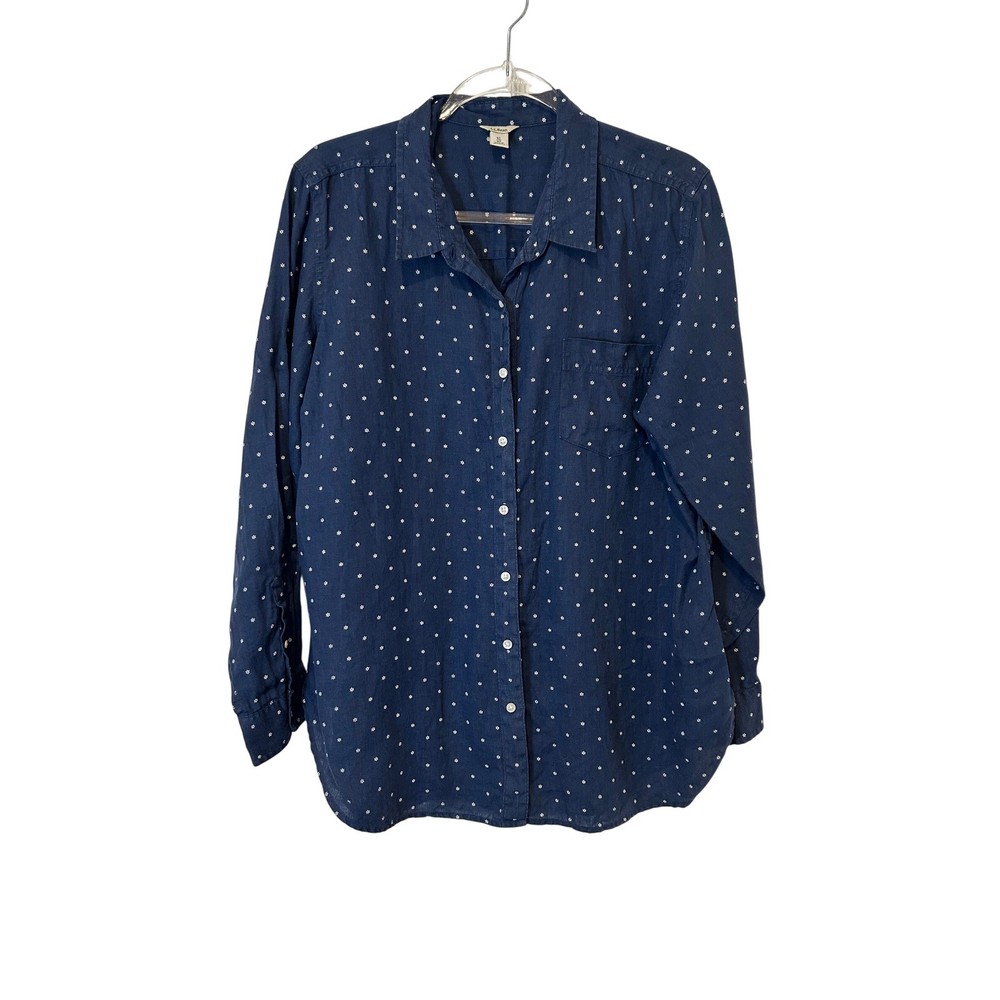 L.L. Bean Button Up Shirt Women XL Blue Floral Linen Long Sleeve Collared Blouse