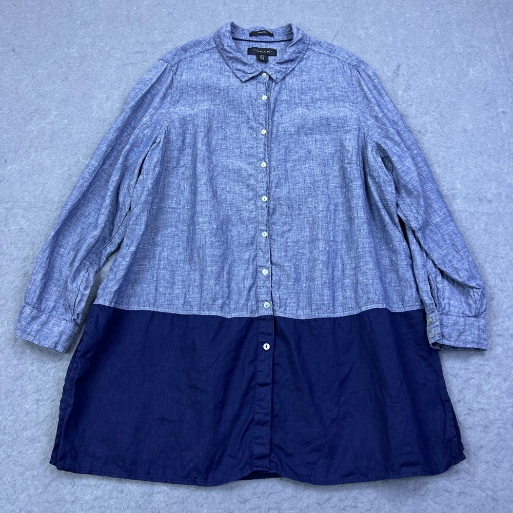 Tahari Top Women's 1X Blue 100% Linen Chambray Long Button Up Woven Shirt Tunic