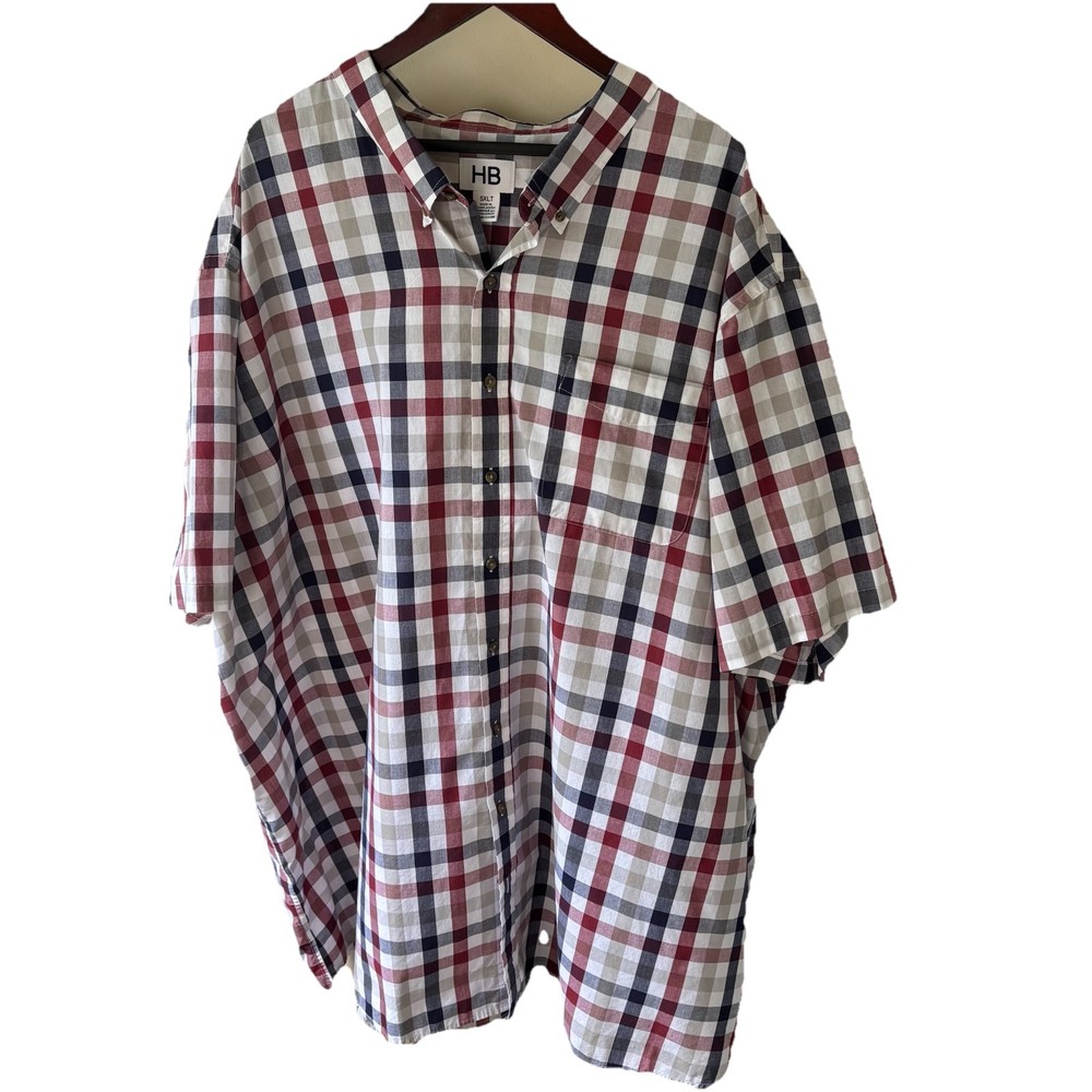 Harbor Bay HB Men's 5XL Navy/tan/red/white plaid button up SS shirt w/pocket
