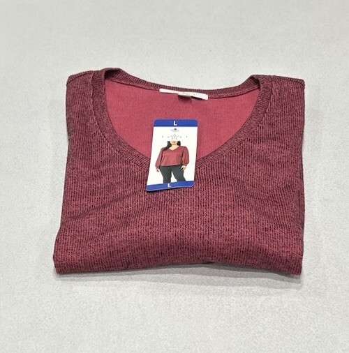 Fever Women's Long Sleeve V-Neck Relaxed Fit Top, Raspberry/ Black, Size L
