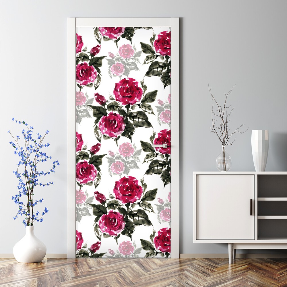 Ink Roses Watercolor Seamless Bubble Free Door Decal