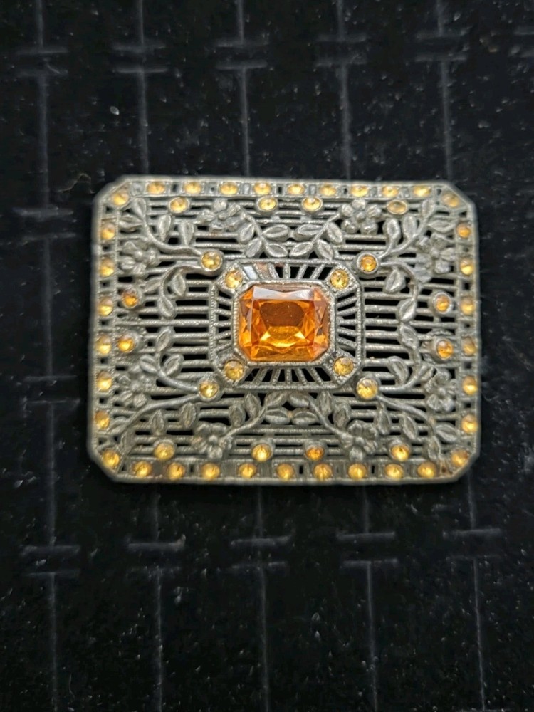 Large Vintage LITTLE NEMO Art Deco Amber Topaz Rhinestone Brooch Pin