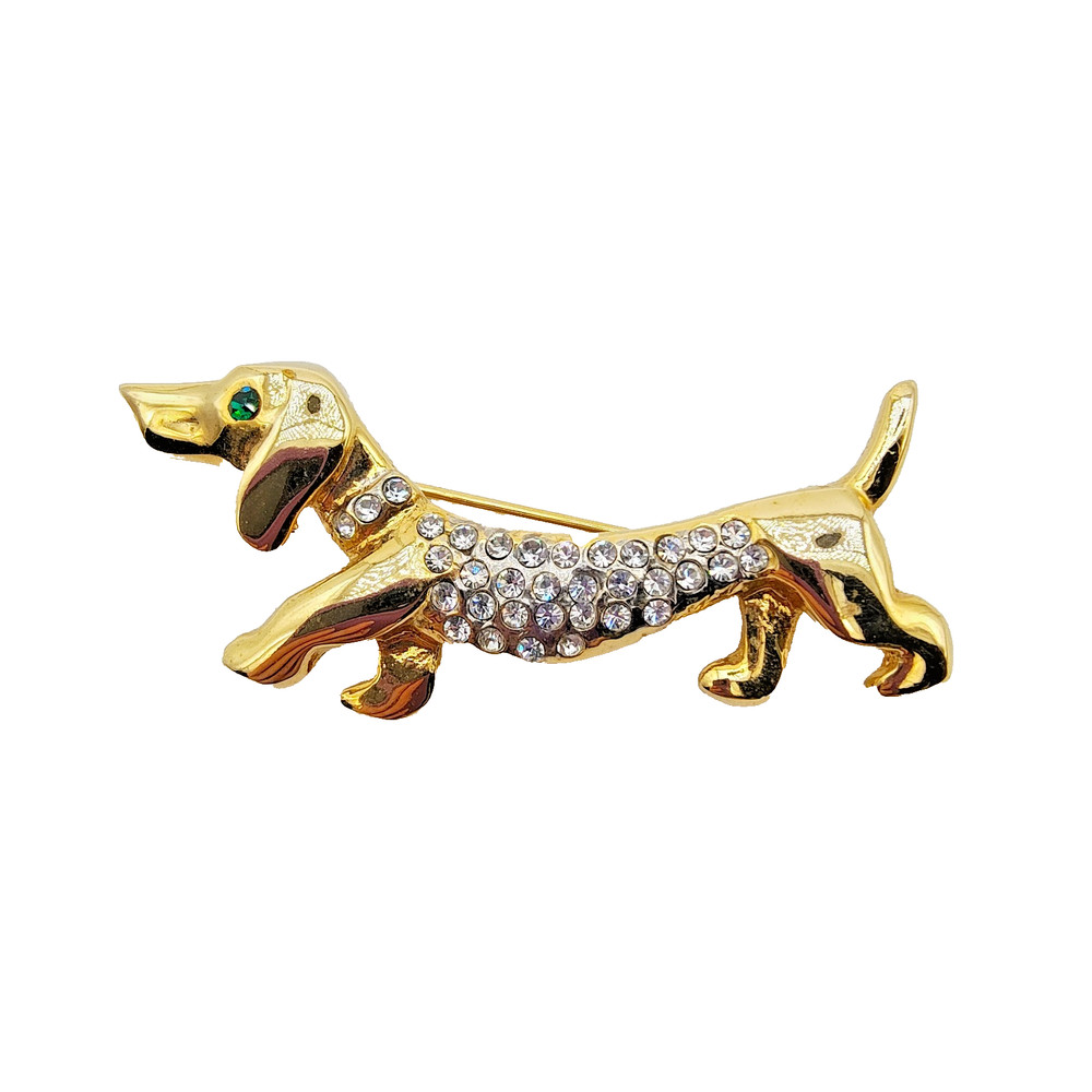 Vintage Dachshund Brooch Gold Tone Rhinestone Doxie Dog Quirky Animalia Figural
