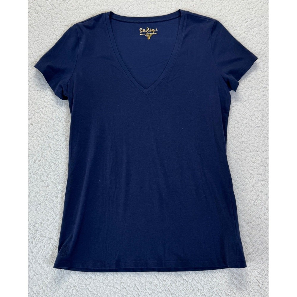 Lilly Pulitzer Navy Blue Pima Cotton V-Neck Short Sleeve Tee Shirt Small