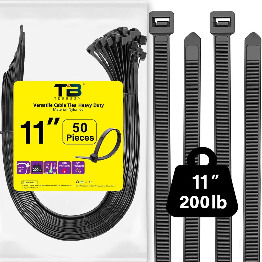Heavy Duty 11-Inch Black UV-Resistant Outdoor Cable Ties 50-Pack