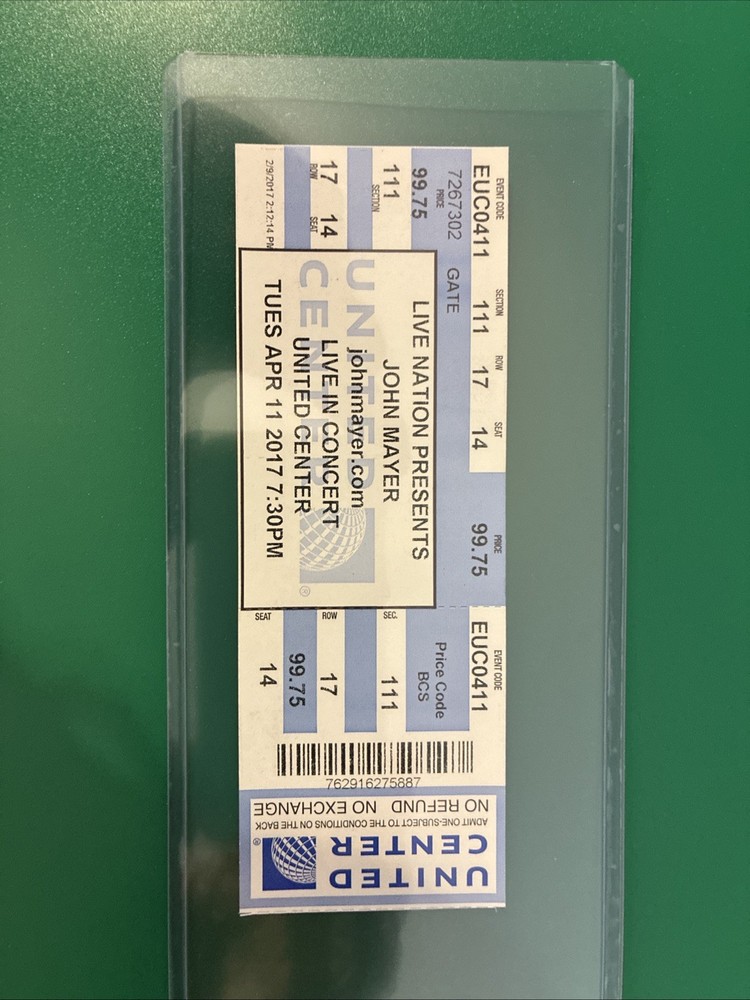 John Mayer Ticket Stub From 4/11/2017 At United Center In Chicago.