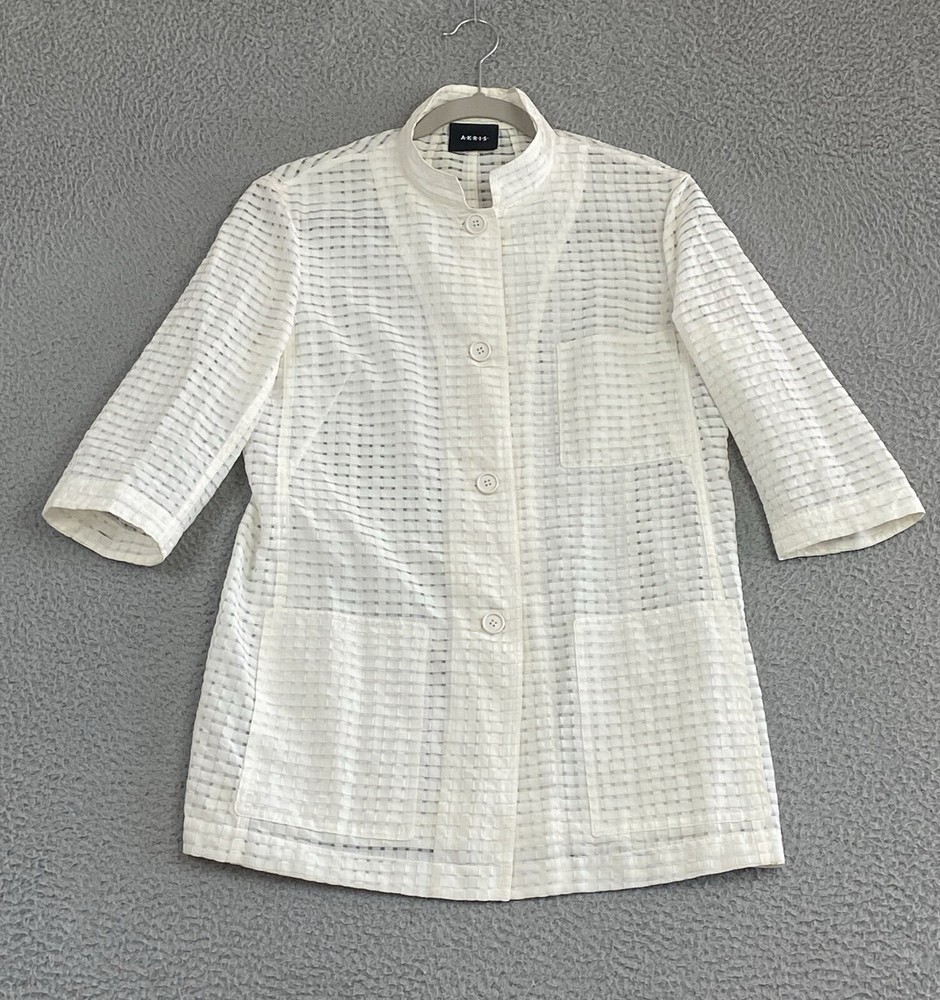 Akris Mesh Blouse Size 4 Ivory Button Front Topper Italian Mulberry Silk Blend