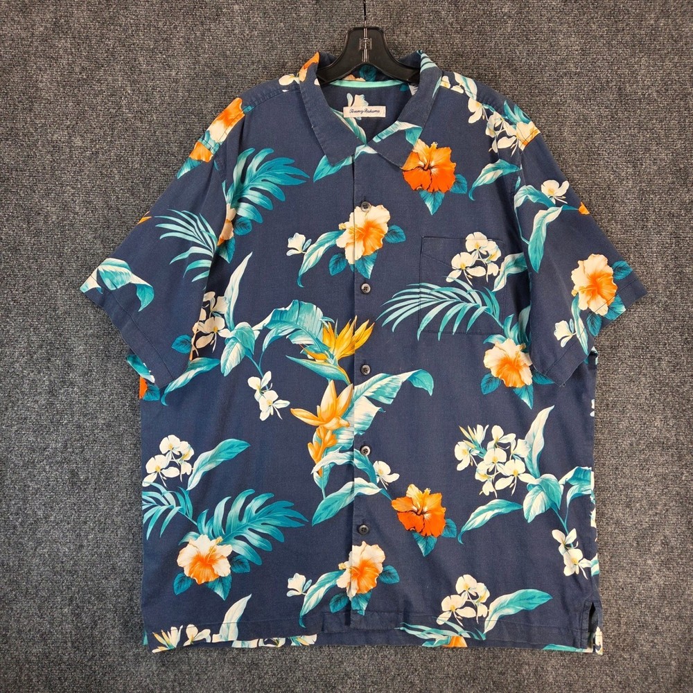 Tommy Bahama Silk Blend Tropical Button Up Shirt Mens XXL Navy Blue Floral Aloha