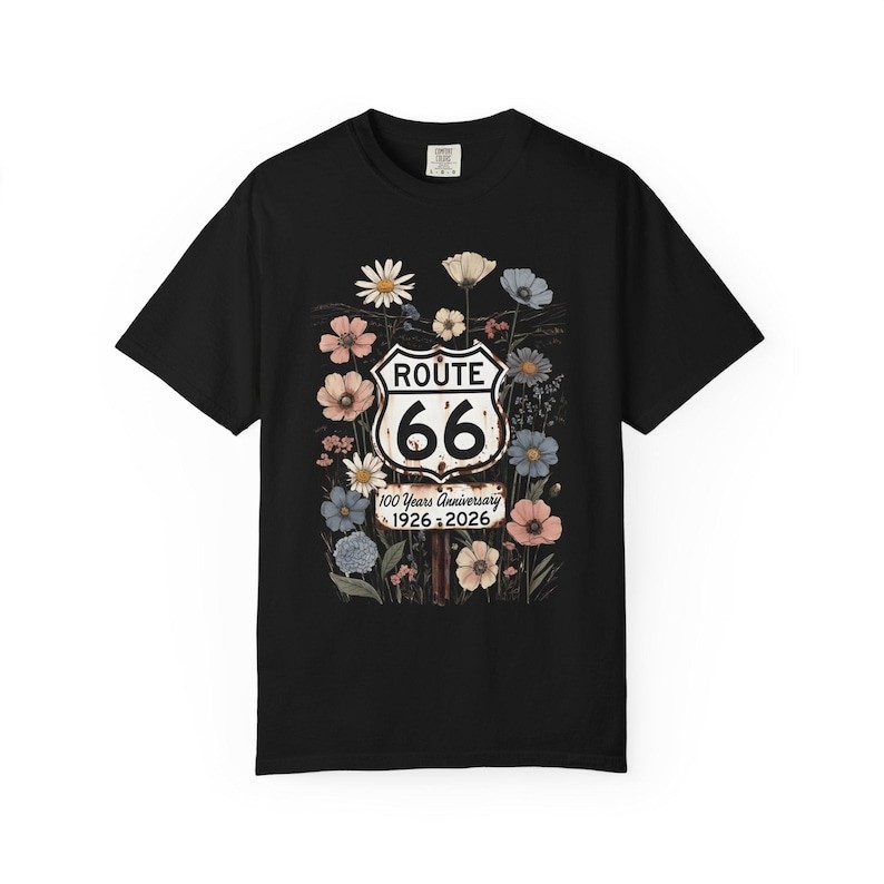 Route 66 Floral Shield 100 Years T-shirt | 1926-2026 Mother Road