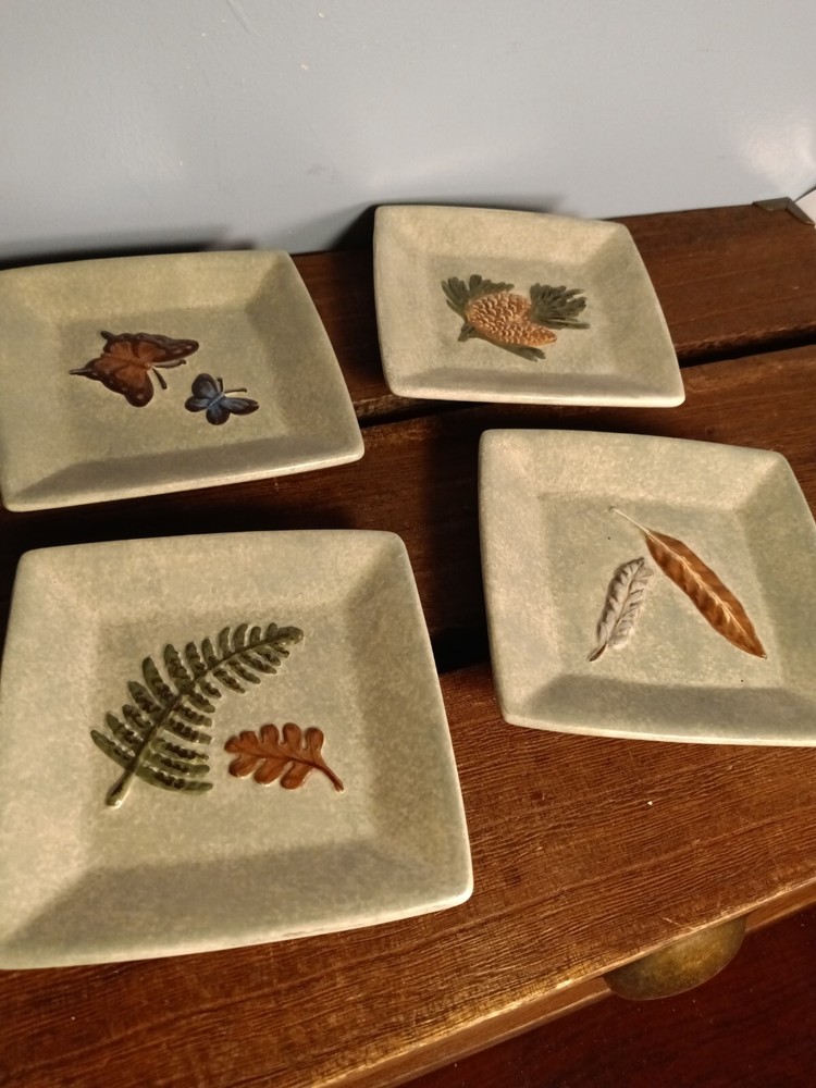 MWW Market Green Square Ceramic Decorative Plates, Set Of 4, Nature Themed