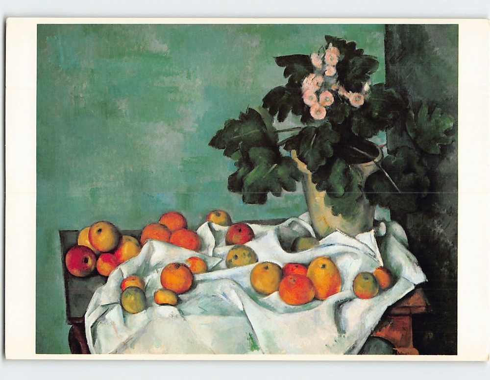 Postcard Still Life Apples & A Pot of Primroses Painting by Paul Cezanne