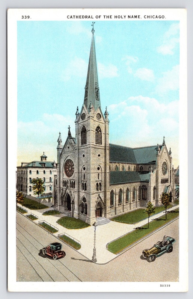 c1920s~Holy Name Cathedral~Aerial View~The Loop~Chigao IL~Vintage Postcard