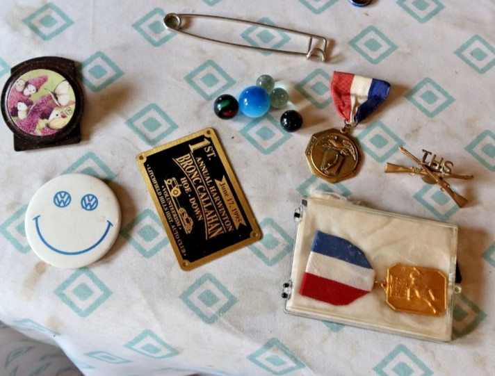 LOT Vintage Medals Sports Swimming Running THS Military Pins VW Button Marbles