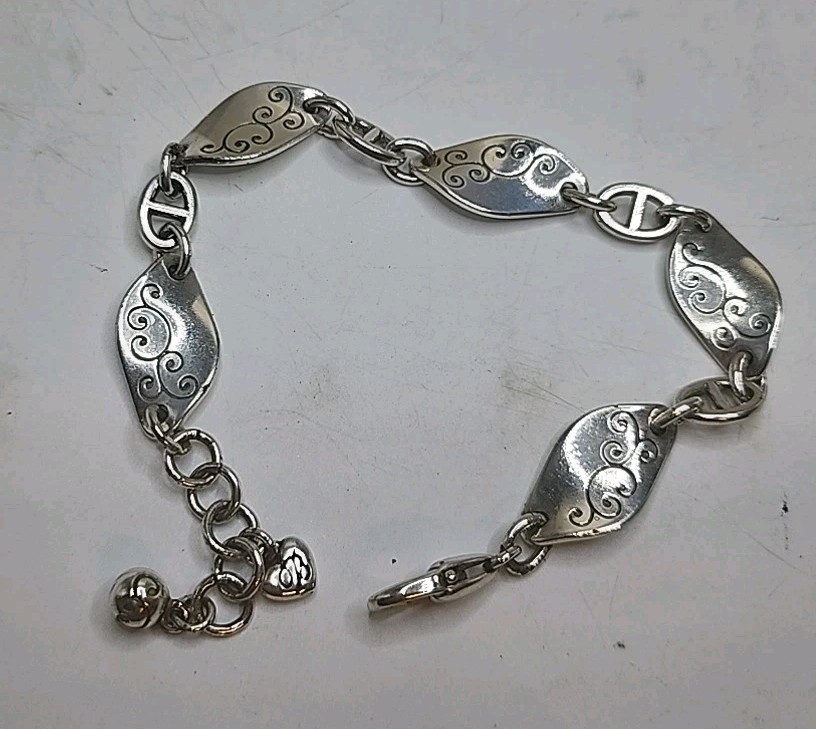 Brighton Silver Tone Scroll Link Bracelet Adjustable 7–8” w/ Heart Charm