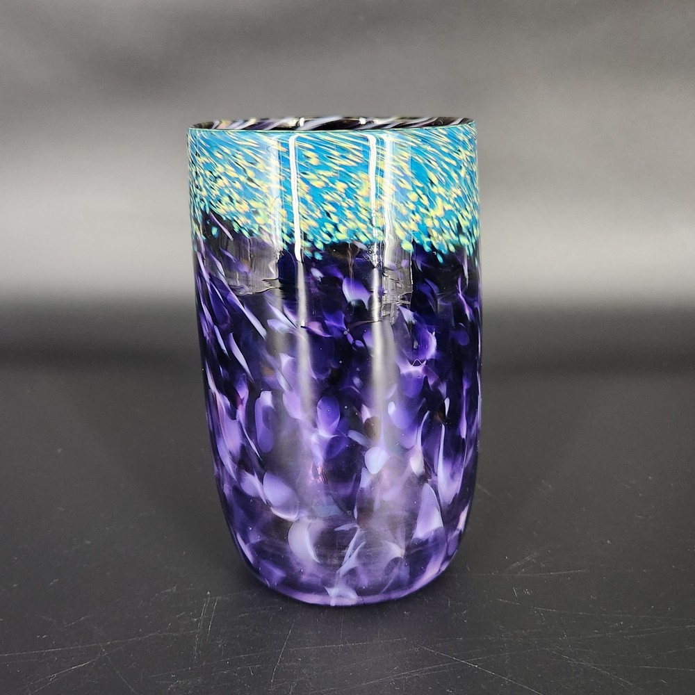 Signed Art Studio Glass Amethyst Purple Speckled Tumbler Or Vase 5-1/4