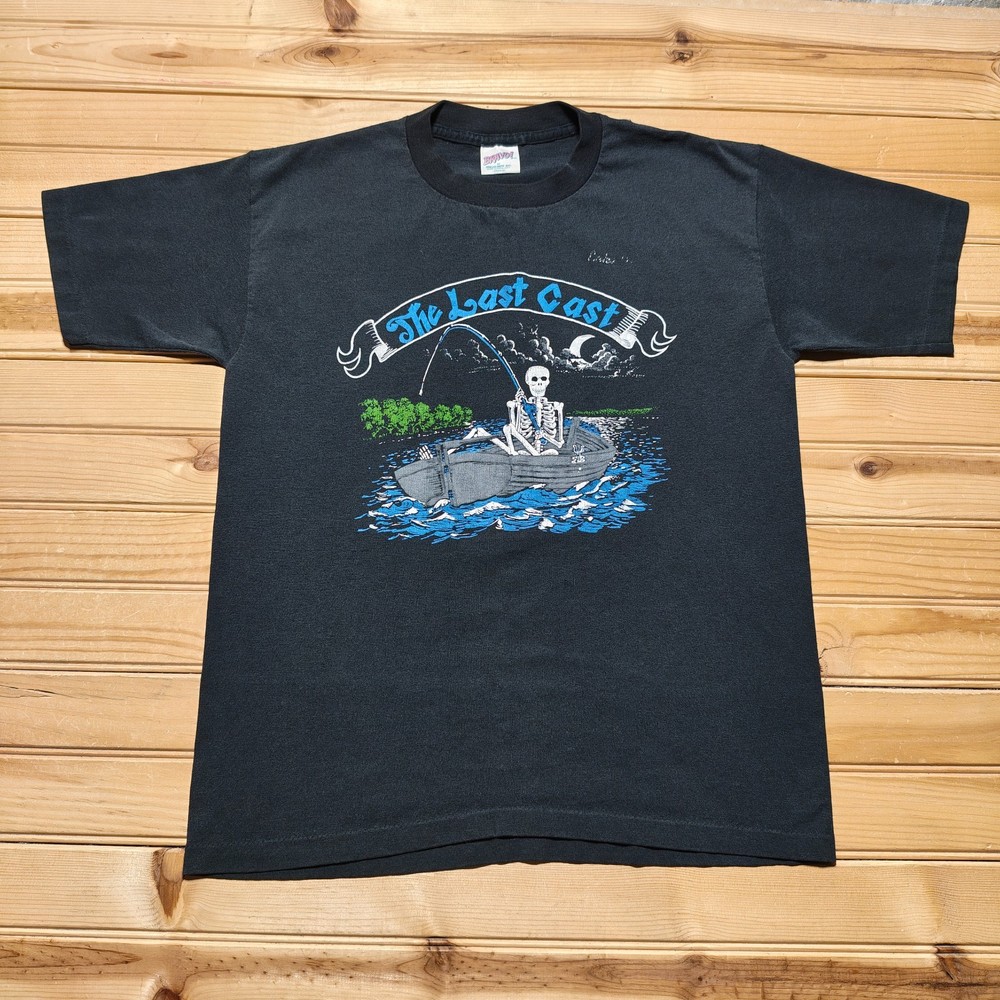 Vintage 1991 The Last Cast Skeleton Fishing Funny Graphic T-Shirt USA - Medium