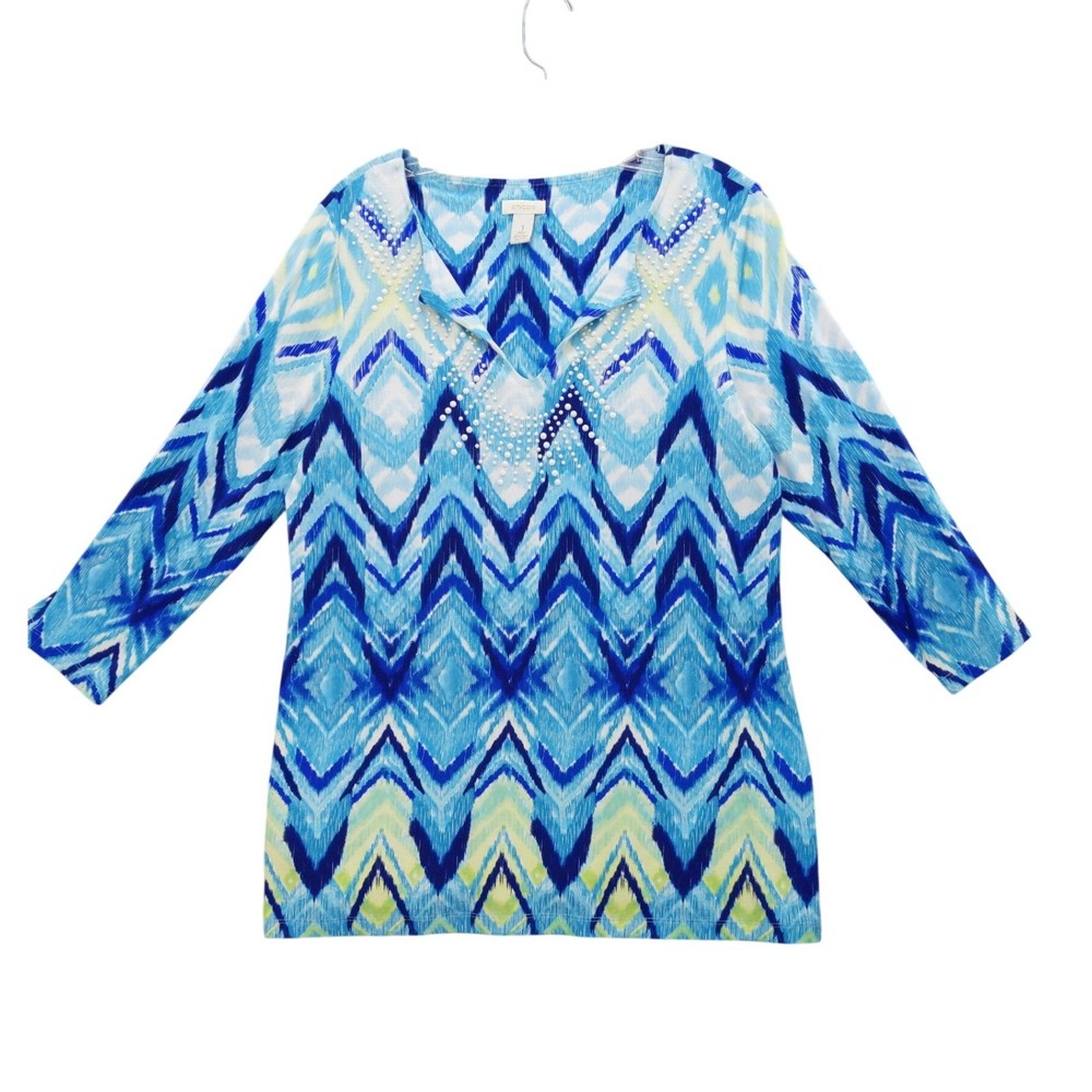 Chico's Embellished Tunic Top Chevron Print 3/4 Sleeve Blouse Size 1 S
