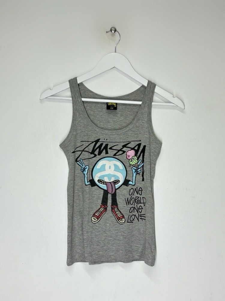 Stussy Vintage 00s One World One Love Guy Rare Retro Y2K Sleeveless Tank Top XS