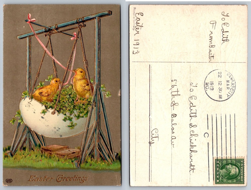 1913 Easter Greetings Postcard Chicks in Eggshell Swing Kansas City Postmark