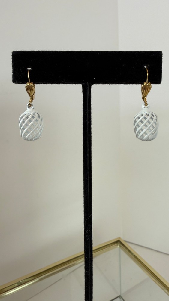 Vintage West Germany White Cage Lattice Drop Earrings | Gold Tone Leverback