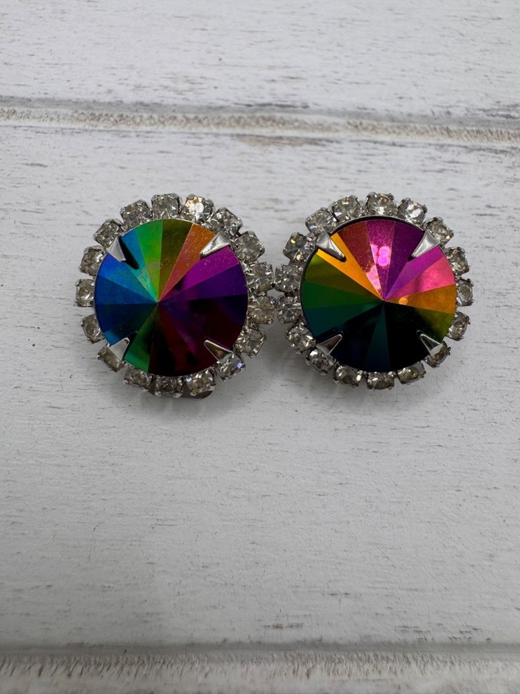 Vintage Watermelon Rivoli Rhinestone Clip on Earrings Silver Tone