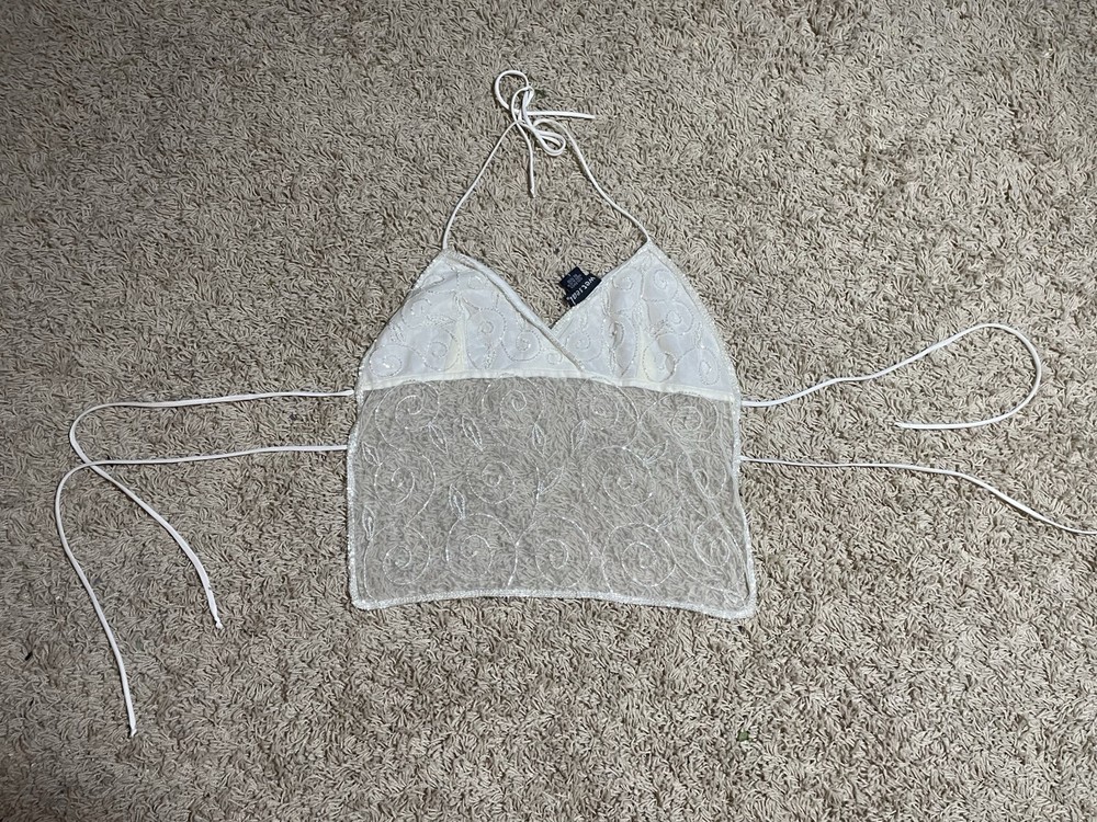 Vintage Wet Seal White Mesh Beaded And Backless Halter Top Size L