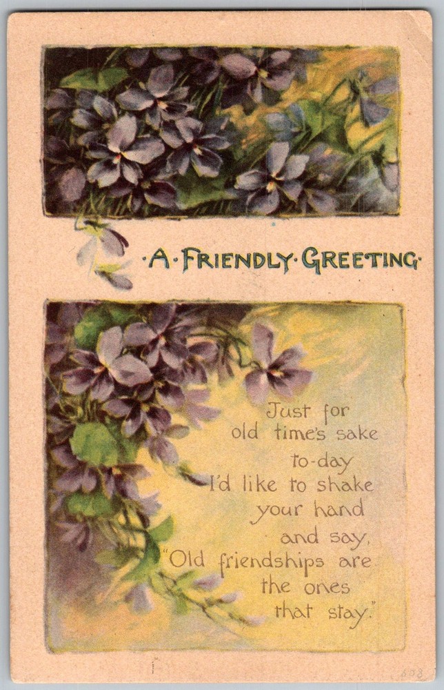 Antique Postcard Violets Friendship Greeting North Adams, MA 1910s