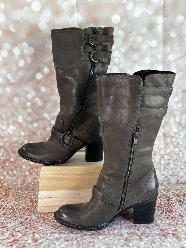 Born Treddy Boots Leather Moto Style Mid Calf Gray,  Flannel Lined Wm Sz 8