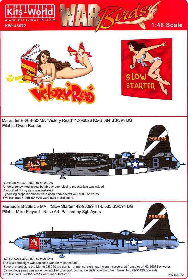 Kits World Decals 1/48 MARTIN B-26 MARAUDER Victory Read & Slow Starter