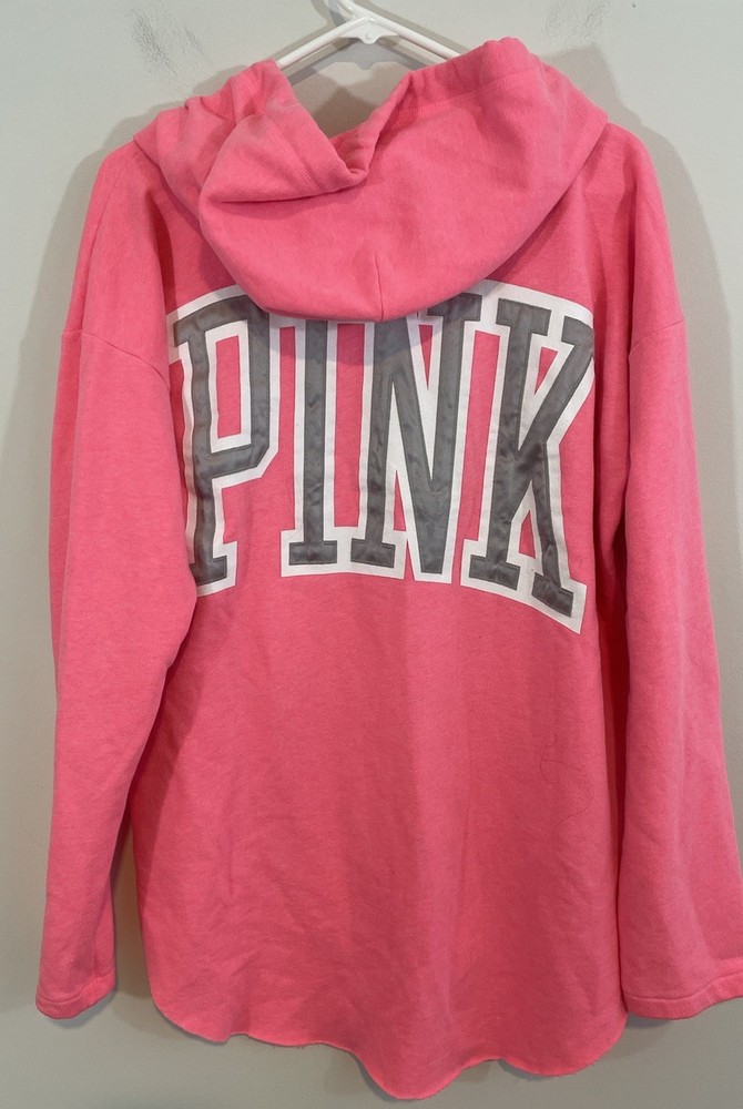 Victoria’s Secret PINK Logo Hoodie sz LARGE hot pink vneck pullover dog