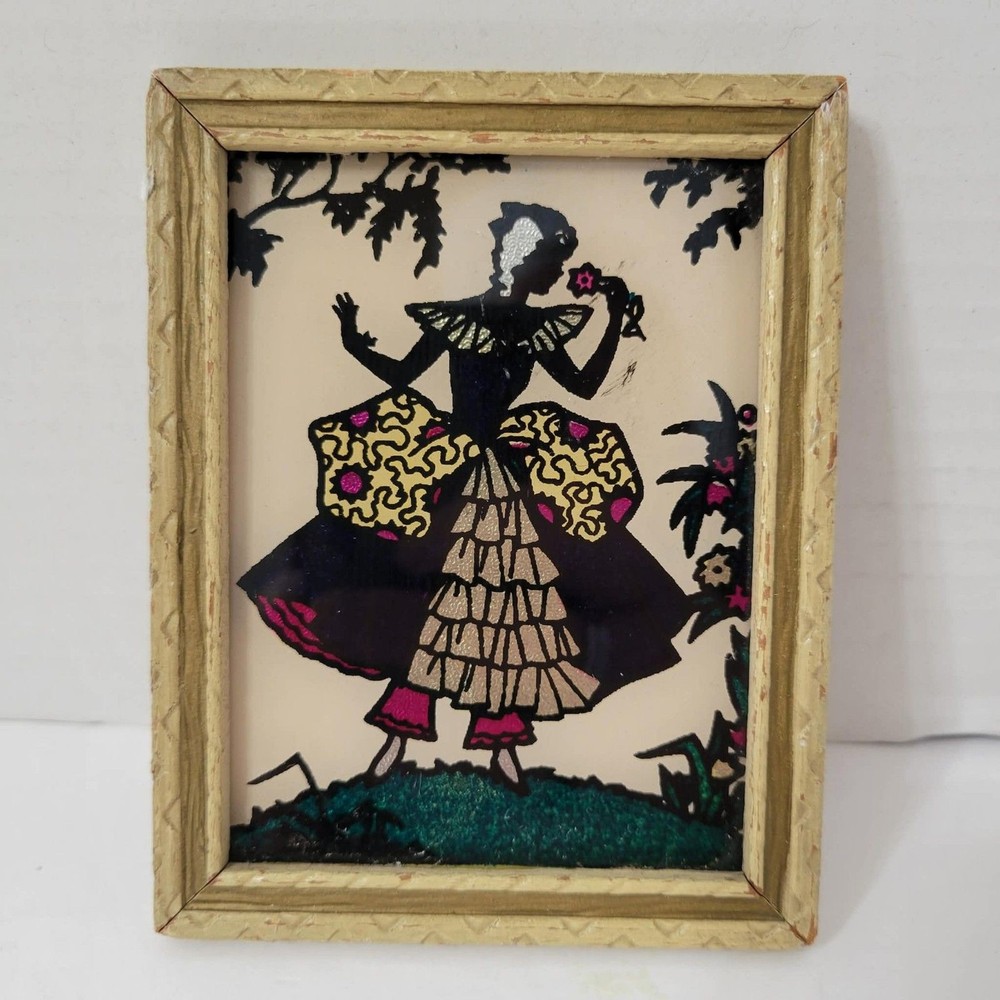 Vintage 1940s Art Deco Foil Silhouette Reverse Glass Painting Victorian Ruffled