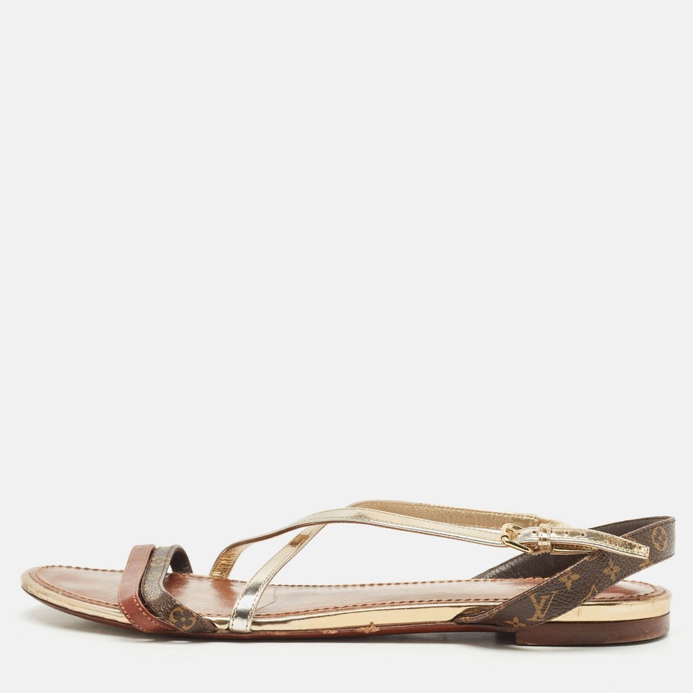 Louis Vuitton Brown Monogram Canvas and Leather Slingback Flat Sandals Size 40
