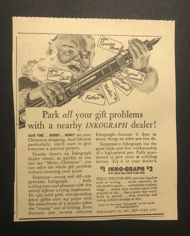 Vintage 1950’s Christmas Santa Inkograph Newspaper Print Ad 0C26