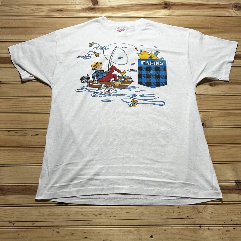 Vintage 80s 90s Funny Old Man Fly Fishing Dad Cartoon Fish Art Shirt Size XL