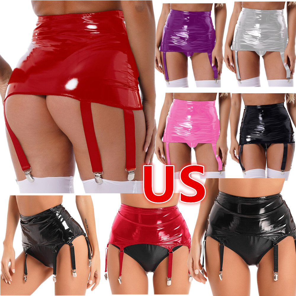 Womens Faux Leather Garter Belt Mini Skirt High Waist with 6 Strap Clips Sexy