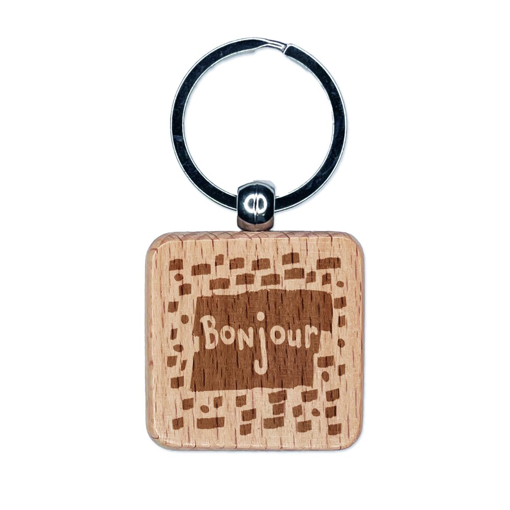 Bonjour Hello French Doodle Engraved Wood Square Keychain Tag Charm