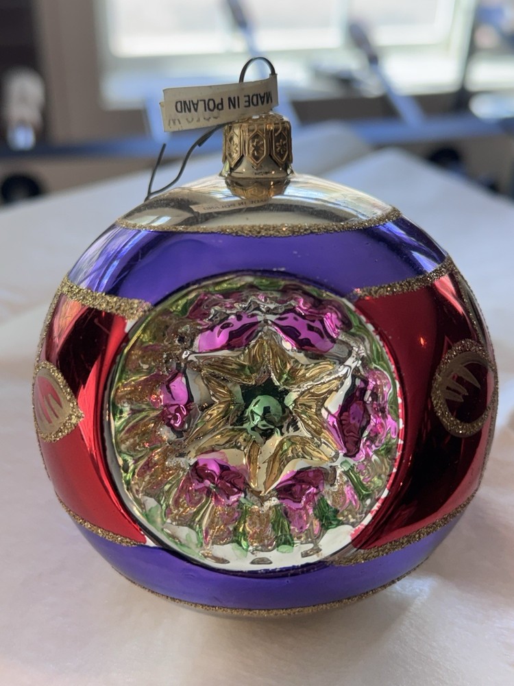 Vintage Jumbo Hand Painted Reflector Poland Indent Christmas Ornament 4.5”