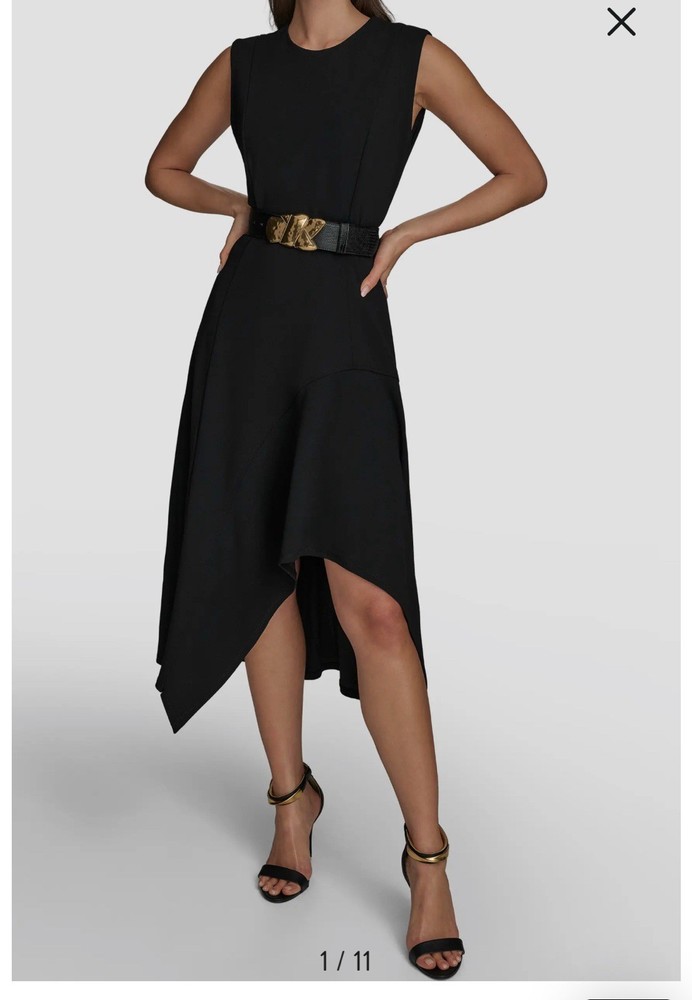 DONNA KARAN NEW YORK Belted Handkerchief Hem Midi Dress Black Sz 6 NWOT Sold Out