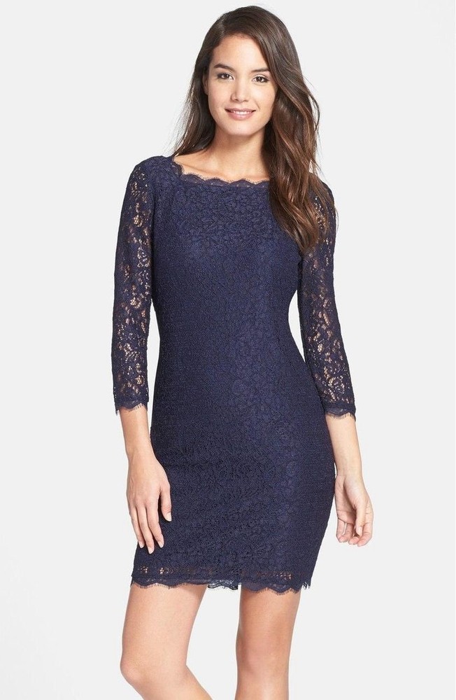 EUC Adrianna Papell Navy 3/4 Length Sleeve Lace Cocktail Dress, 10P