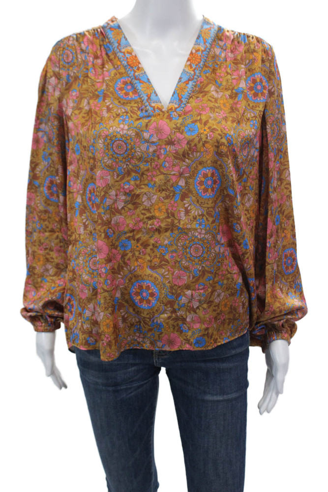 Current Air Womens V-Neck Floral Print Peasant Sleeve Blouse Brown Size MFree Shipping in US $100+ Orders | $6.95 Orders Below