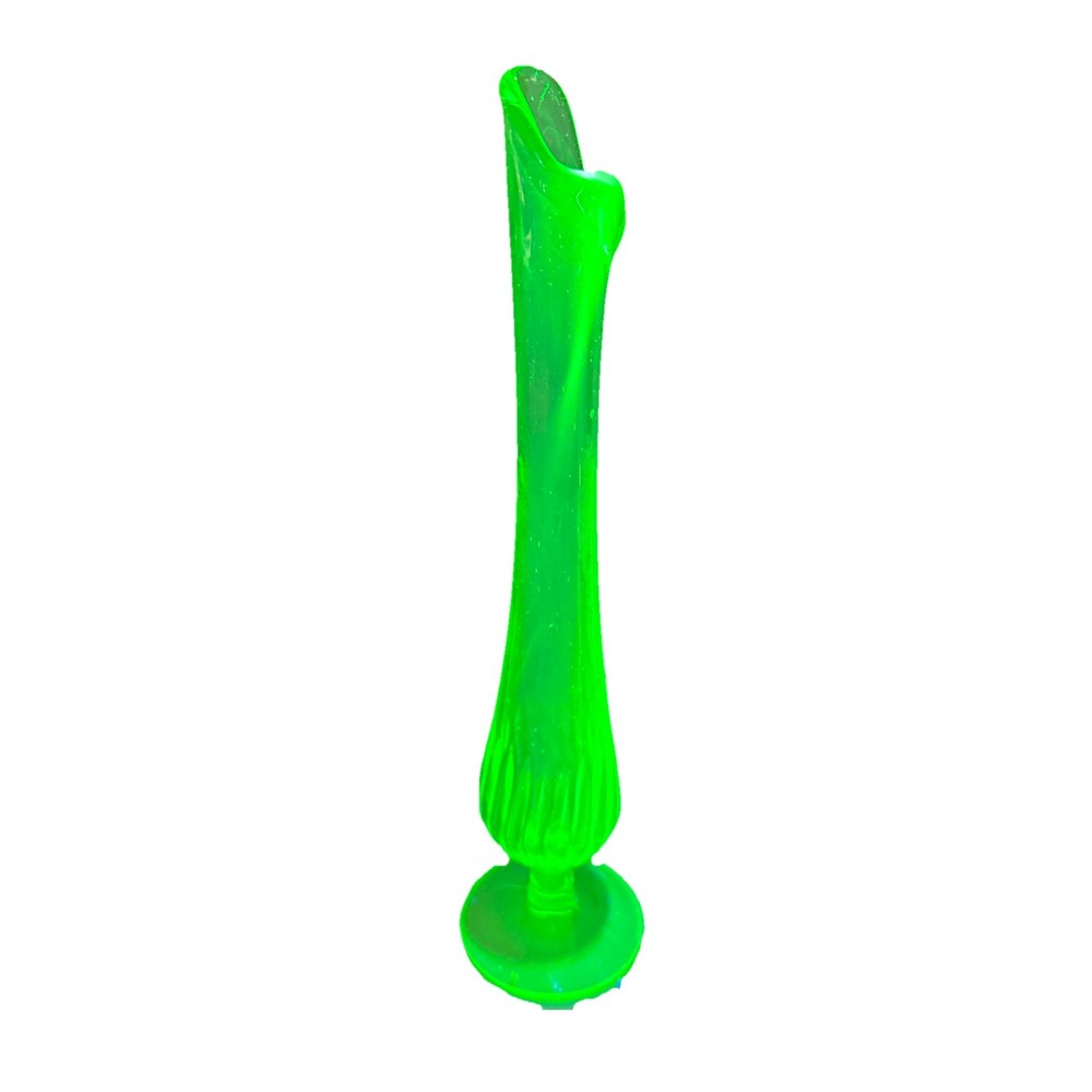 9” Vaseline Glass UV Reactive Swung Bud Vase Uranium Glass Glows MCM Vintage