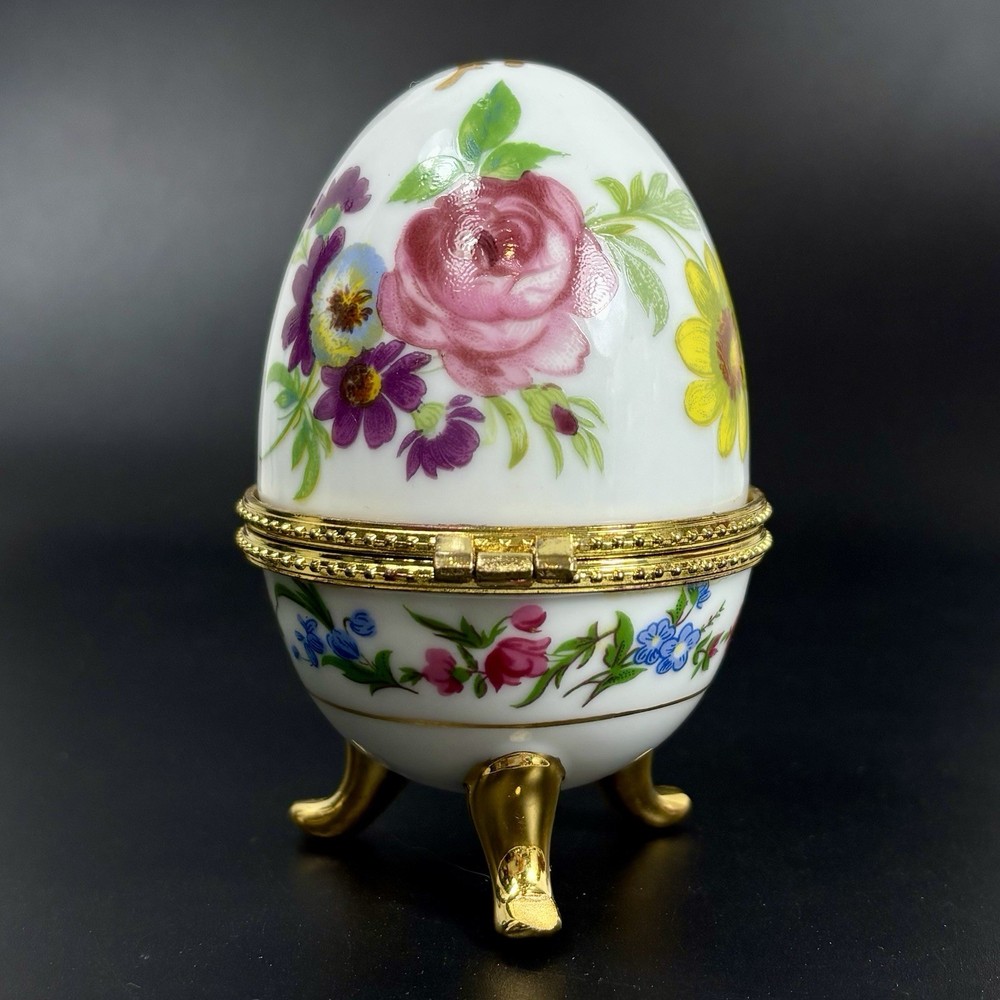 Vintage Egg Shaped Floral Painted Porcelain Trinket Box Easter Holiday Jewelry