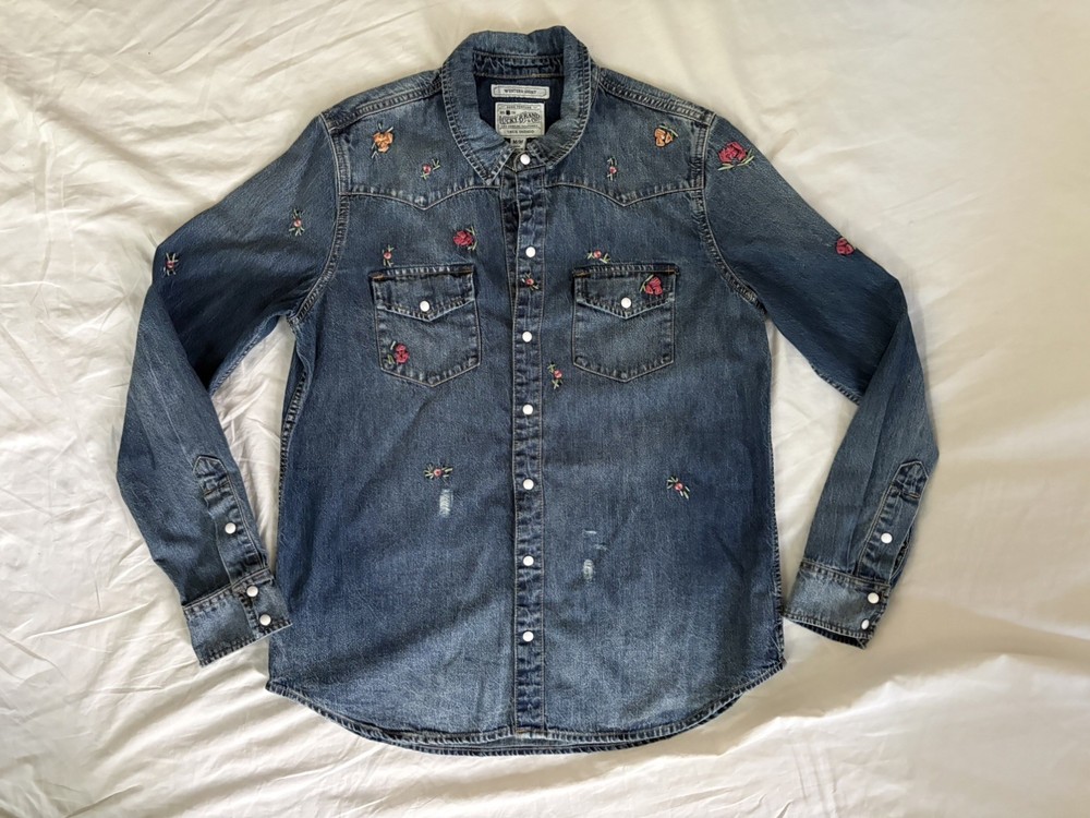 Lucky Brand Western Shirt Pearl Snap True Indigo Blue Floral Size Women’s Medium