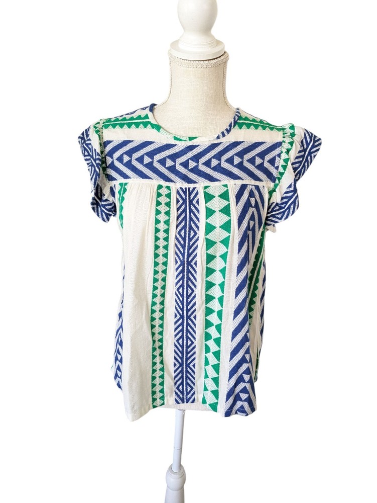 THML Boho Festival Aztec Ruffle Sleeve Tank Top Size XS Blue Green Metallic