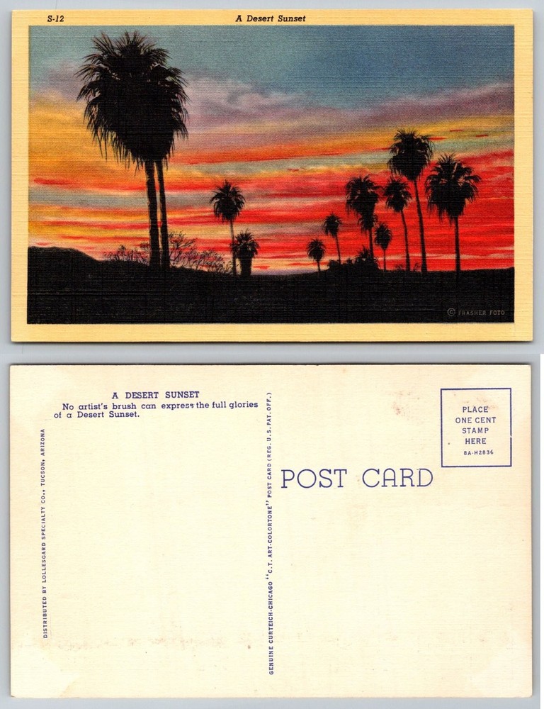 Vintage Linen Postcard A Desert Sunset Palm Trees Arizona Curteich S-12