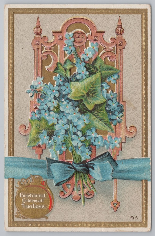 Greetings~Art Deco~Blue Forget-Me-Nots~Blue Ribbon~Gold~Embossed~NASH #5~1912 PC