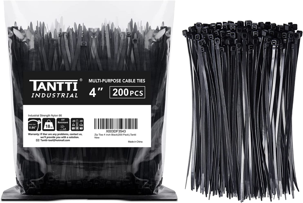 4-Inch Black Zip Ties 18 LB Tensile Strength 200-Pack