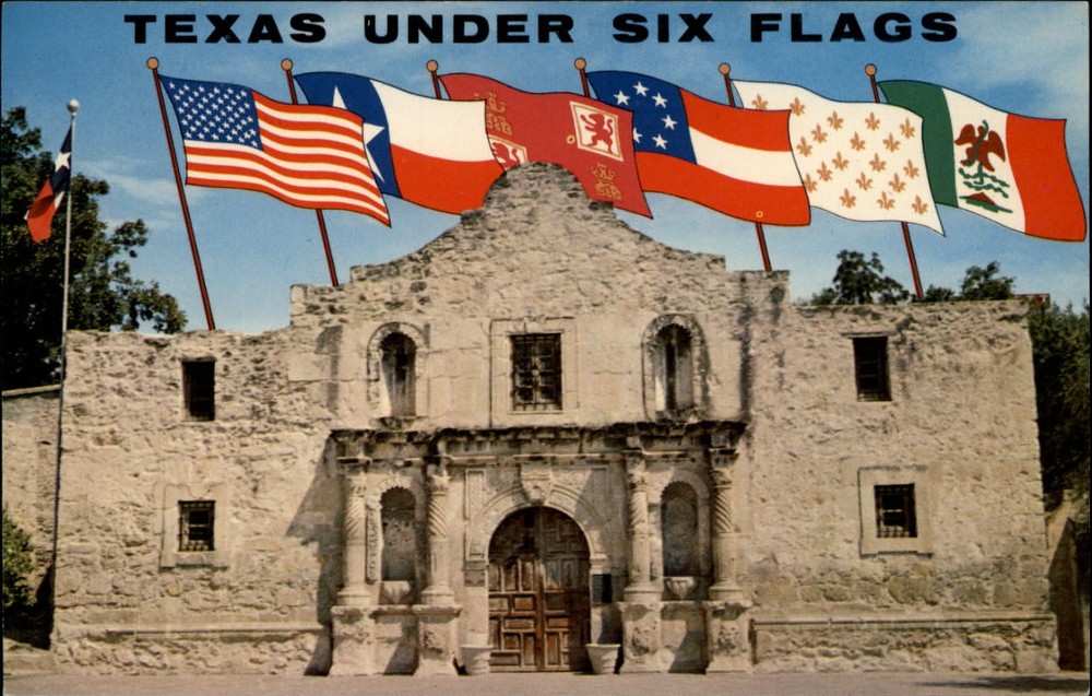 Texas Under Six Flags Alamo ~ Texas Independence War ~ 1950-60s postcard
