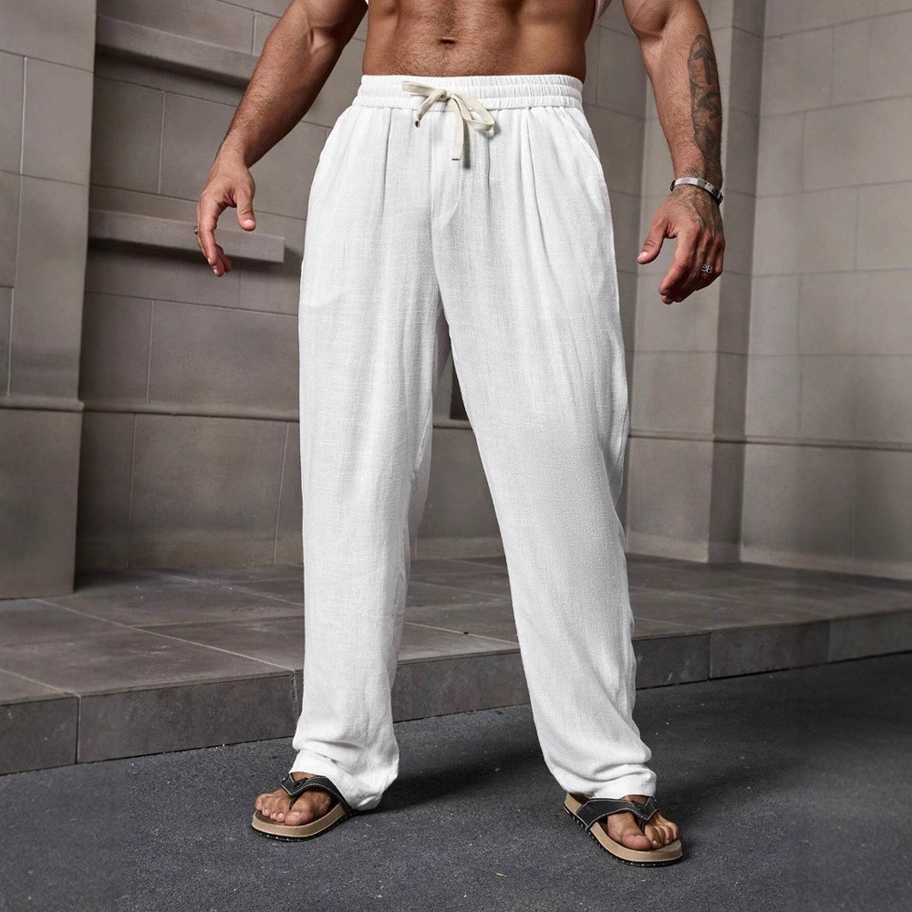 Men's Loose Fit Cotton Linen Beach Pants Breathable Straight Leg Casual Track Pants