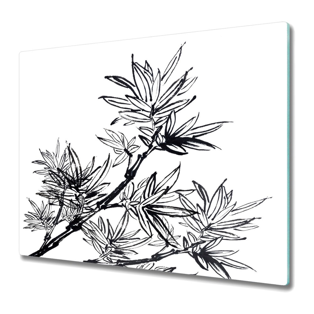 Glass Chopping Board Black Bamboo Sketch Black and White Nature Tree Leaves